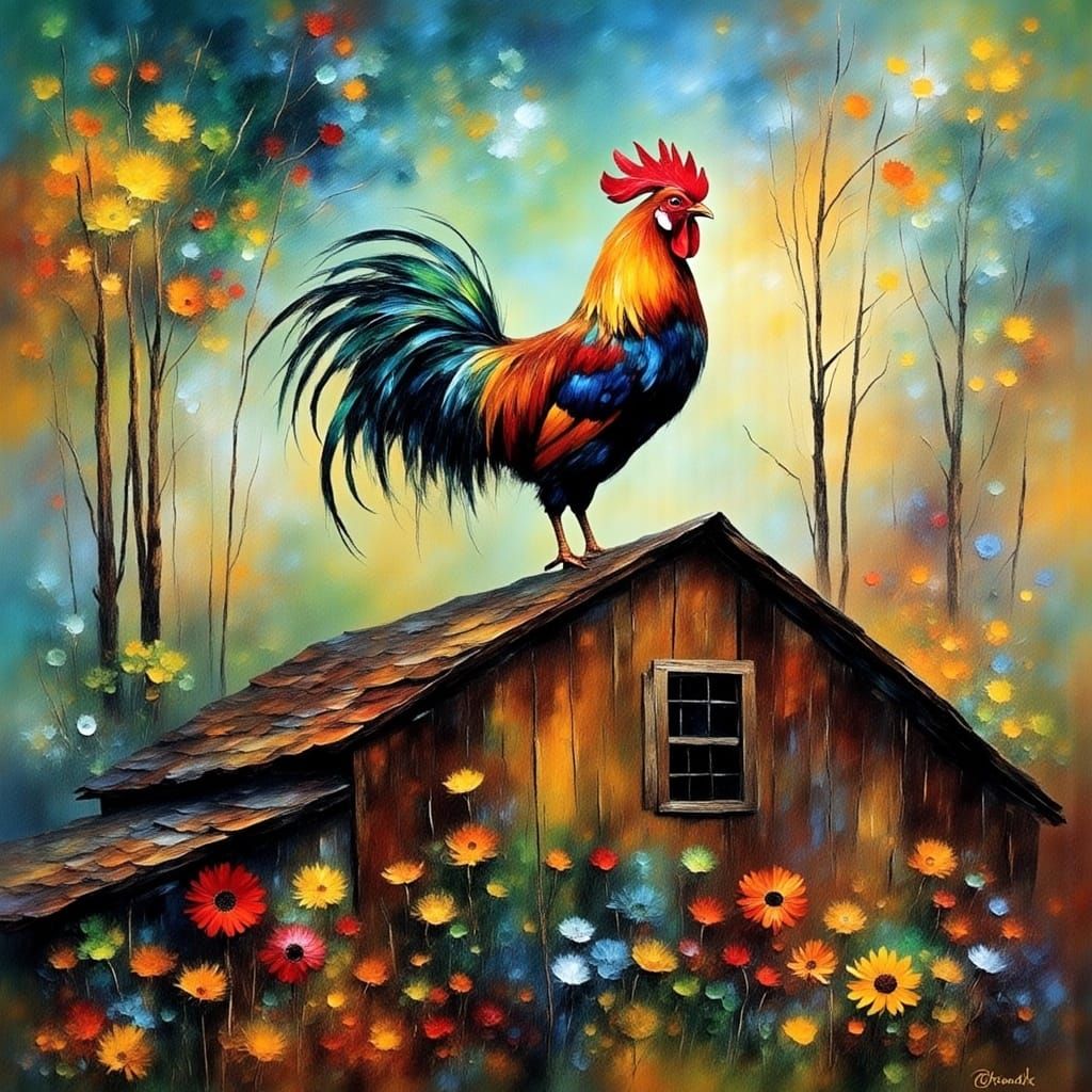Rough Diamond Rooster on a Rustic Barn Roof