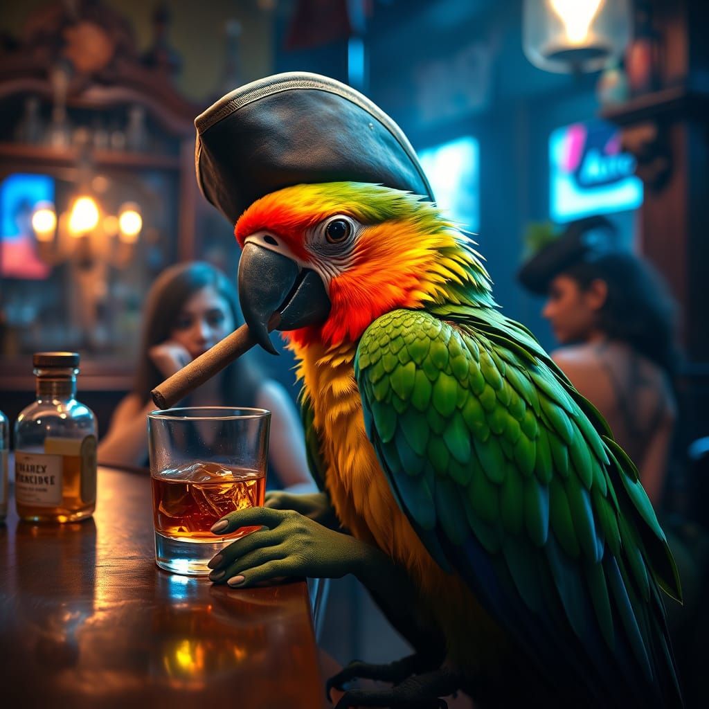 Pirate Parrot Sips Whiskey in Smoky Bar with Enchanting Iris...