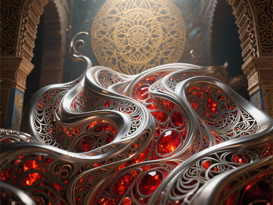 Abstract Nasrid Art: Liquid Platinum & Carnelian Fusion