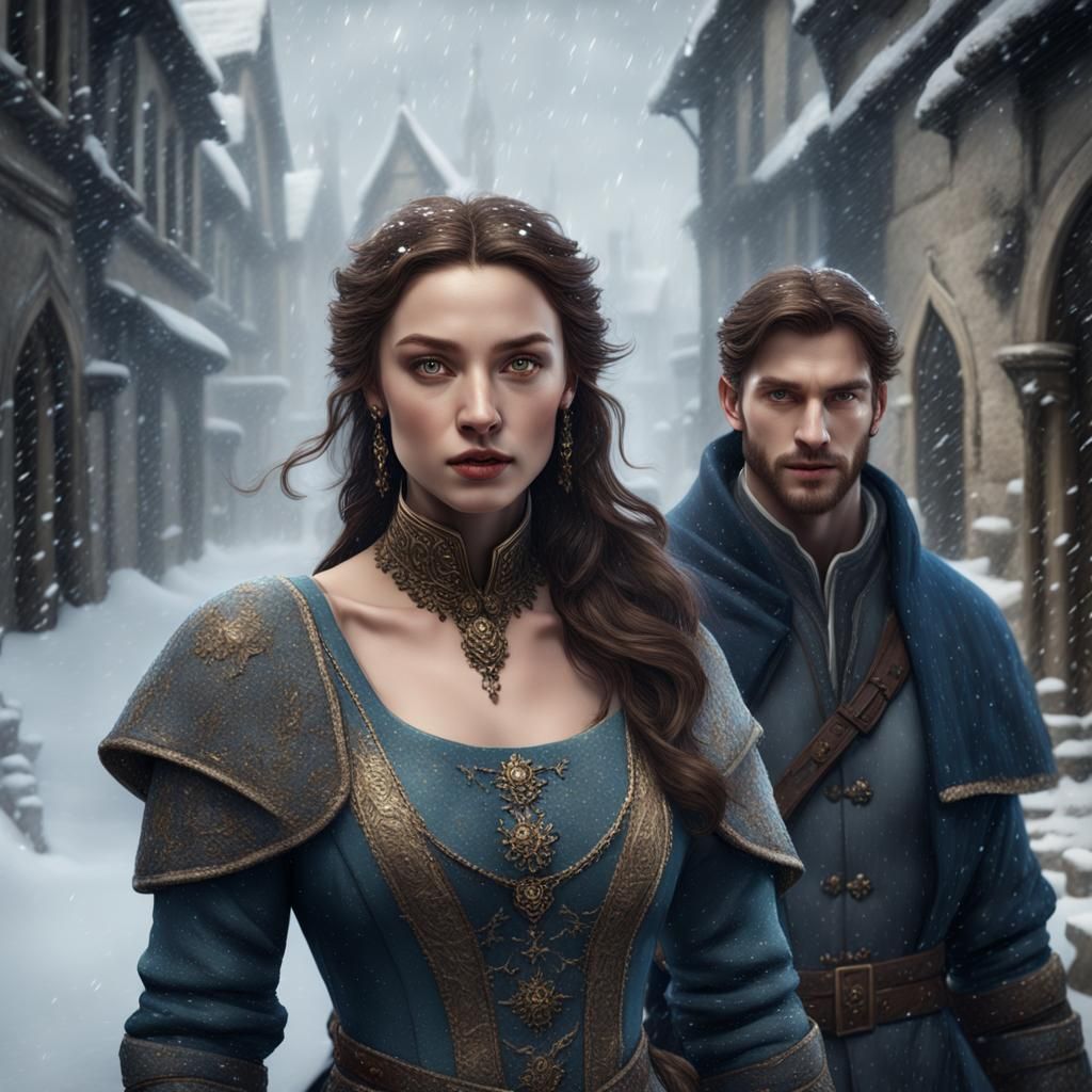 Medieval Couple Walking in Winter Storm: Fantasy Art