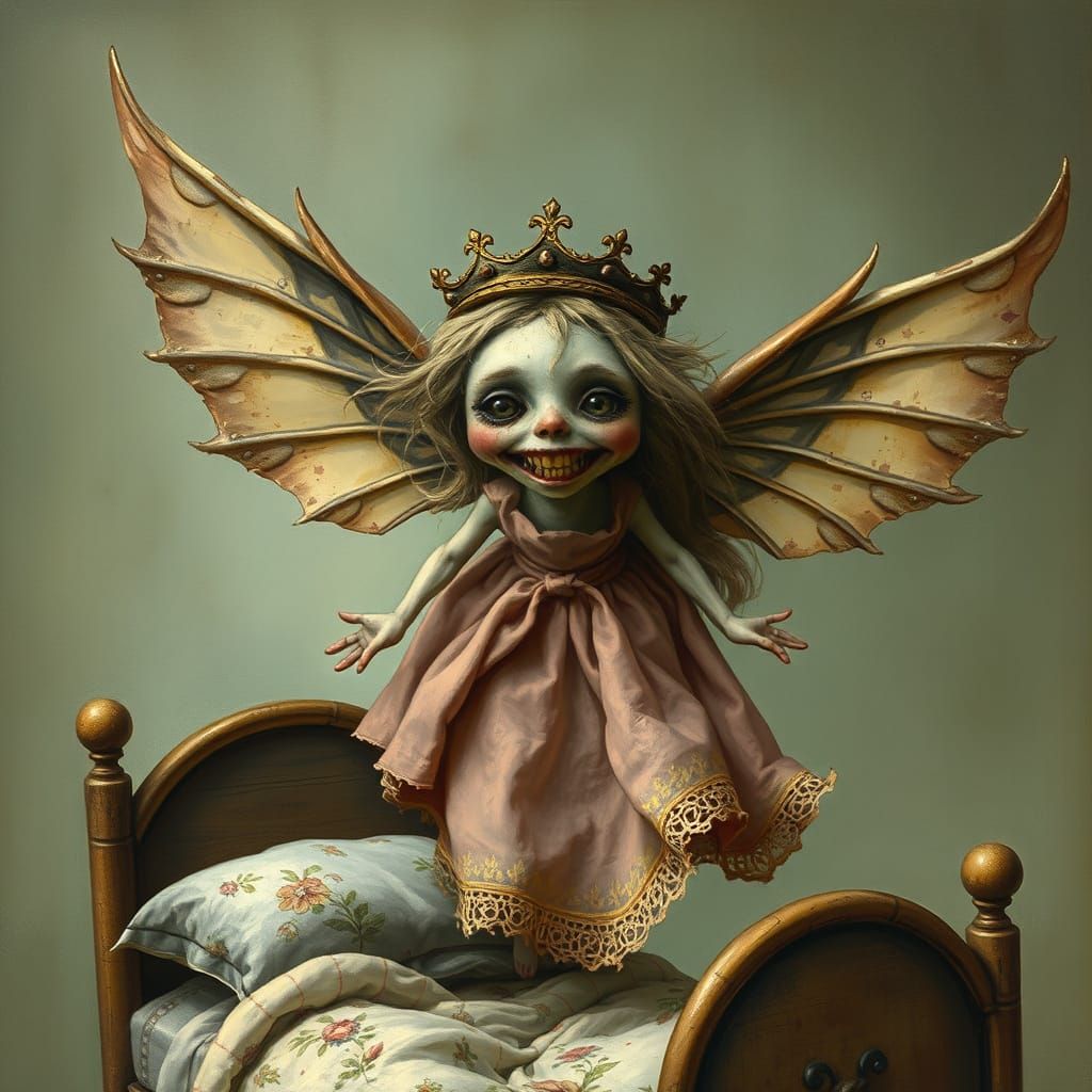 Whimsical Toothfairy in Tattered Wings Over a Child's Bed