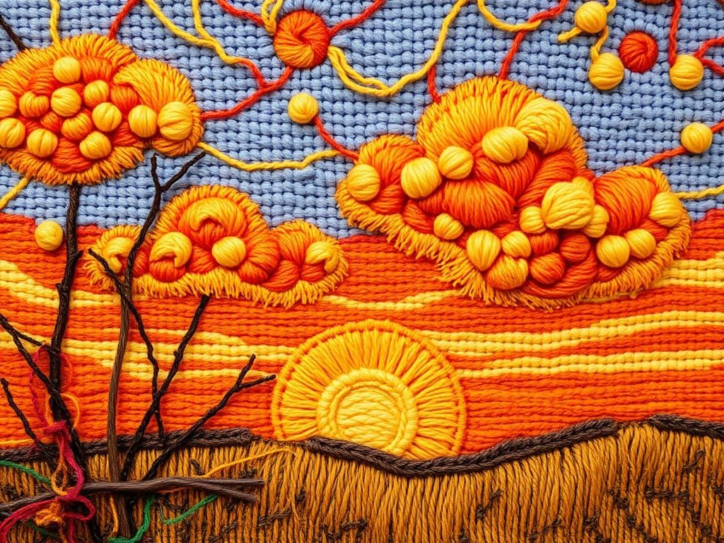 Embroidered Sunset Landscape in Rich Textile Art