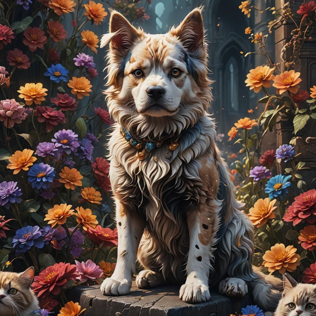 Affectionate Cat and Dog Embrace: Detailed Matte Painting