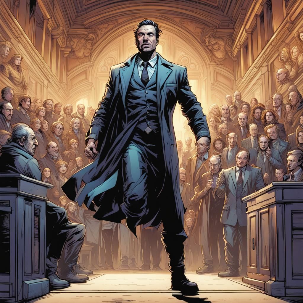Courtroom Scene in Comic Book Art Style