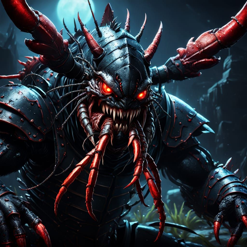 Grimacing Lobster Monster Wields Red Black Spear