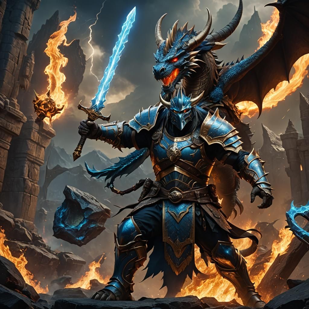 Dragonborn Barbarian with Flaming Sword in Fantasy Art