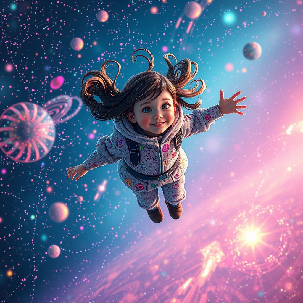 Doodle Girl Soaring Through Kaleidoscopic Space