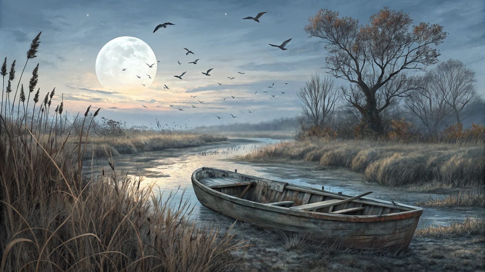 Twilight Solitude: Realistic Impressionist Riverbank Scene