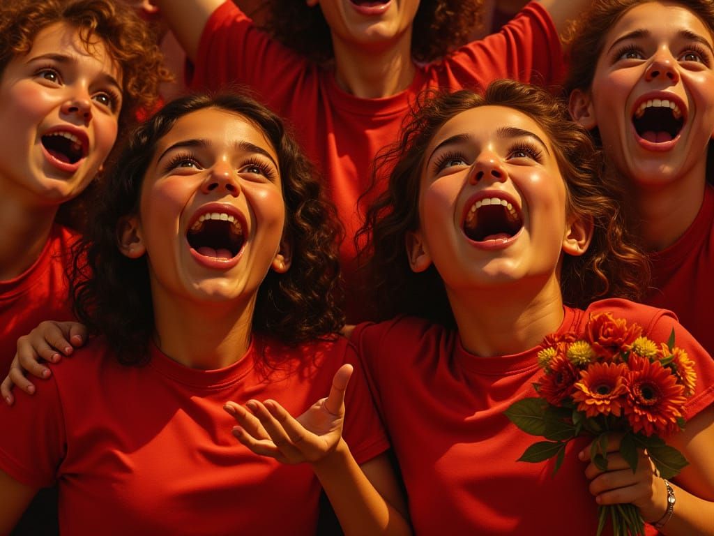 Young Woman Surrounded by Cheerful Crowd in Morning Light