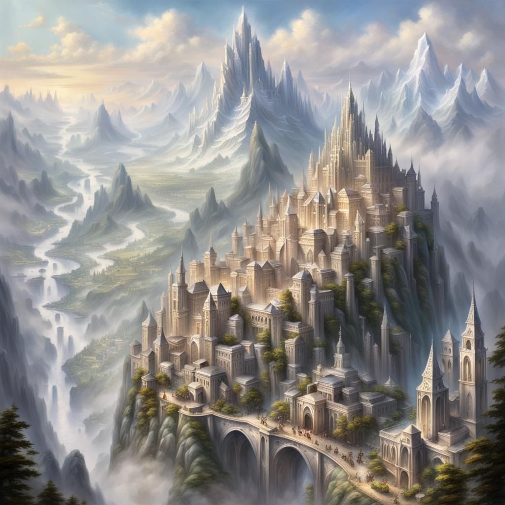 Majestic White Stone City in Mountain Landscape