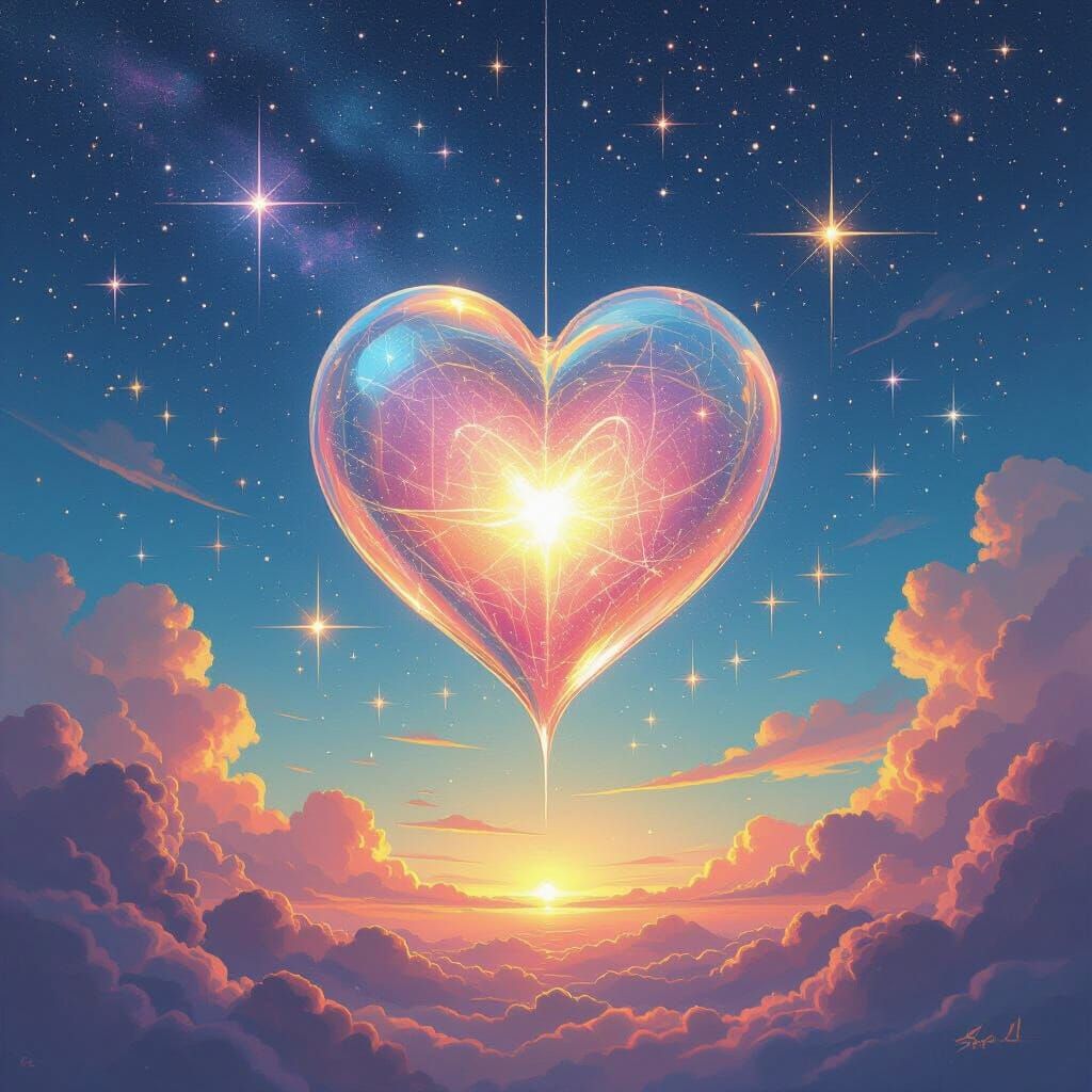 Ethereal Glass Heart Floating Among the Stars