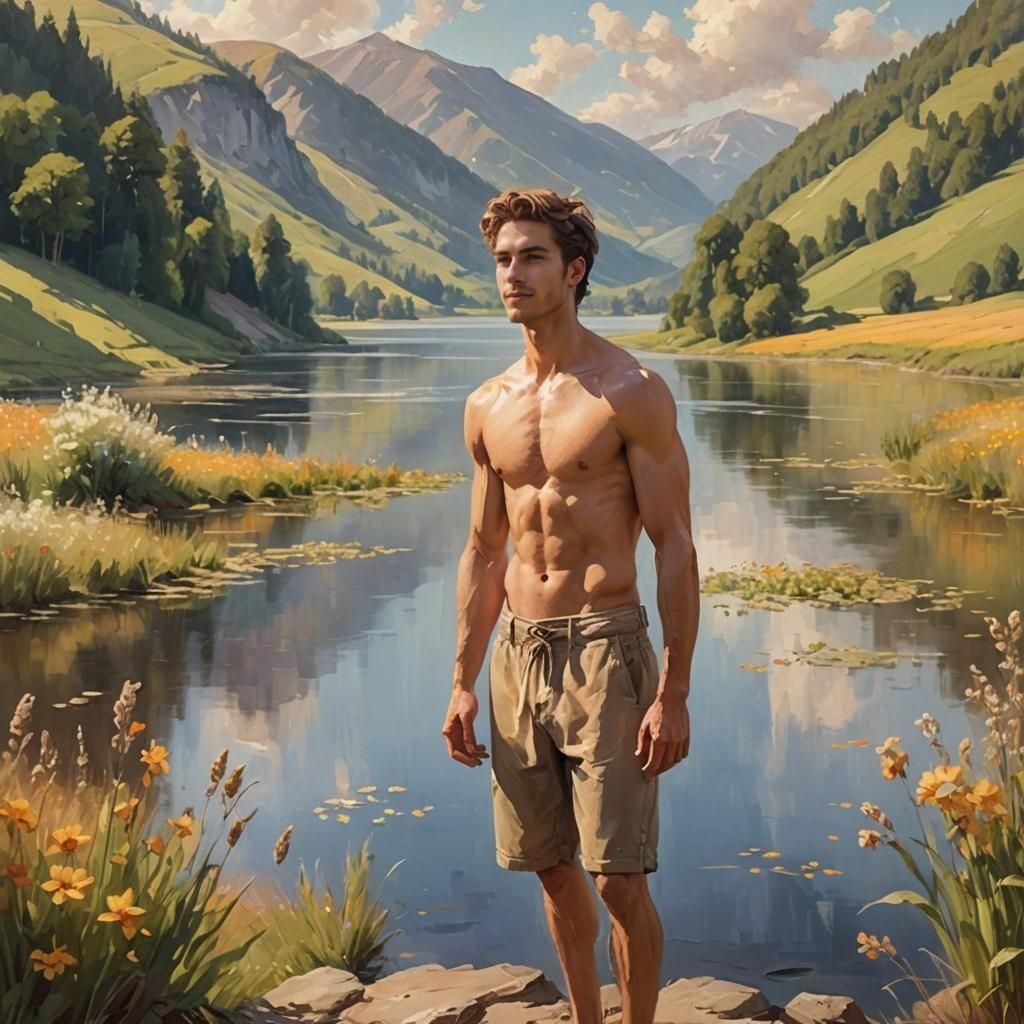 Handsome Man Enjoying Lakeside Sunshine