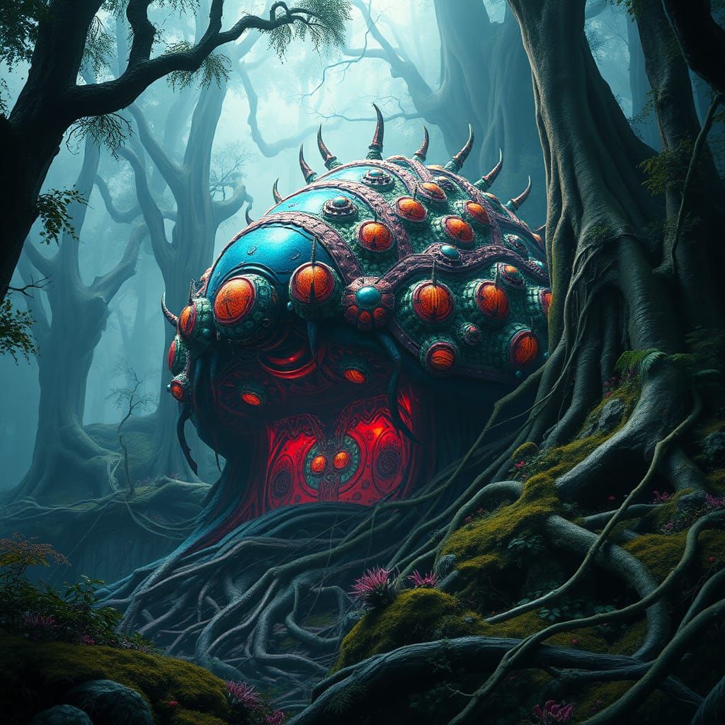 Lush Insectoid Hive in Misty Forest: Matte Painting
