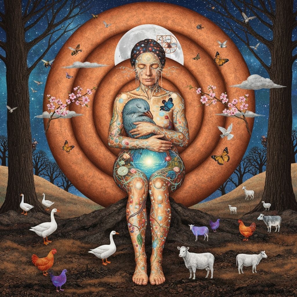 Sculptor Inside Bio-Art Spiral Under Copper Sky