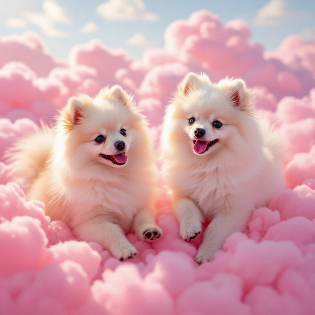 White Pomeranians Play Amidst Pink Puffy Clouds
