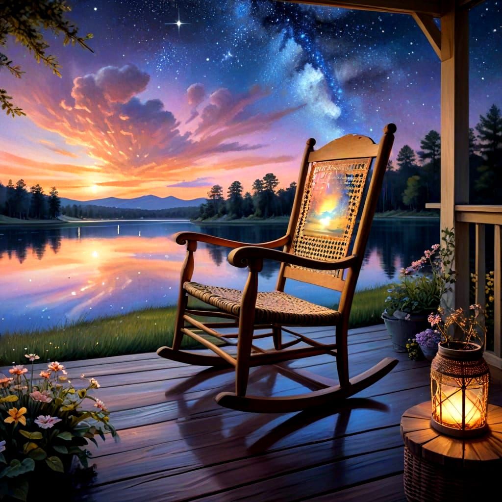 Enchanting Lakeside Rocking Chair at Dusk in Watercolor