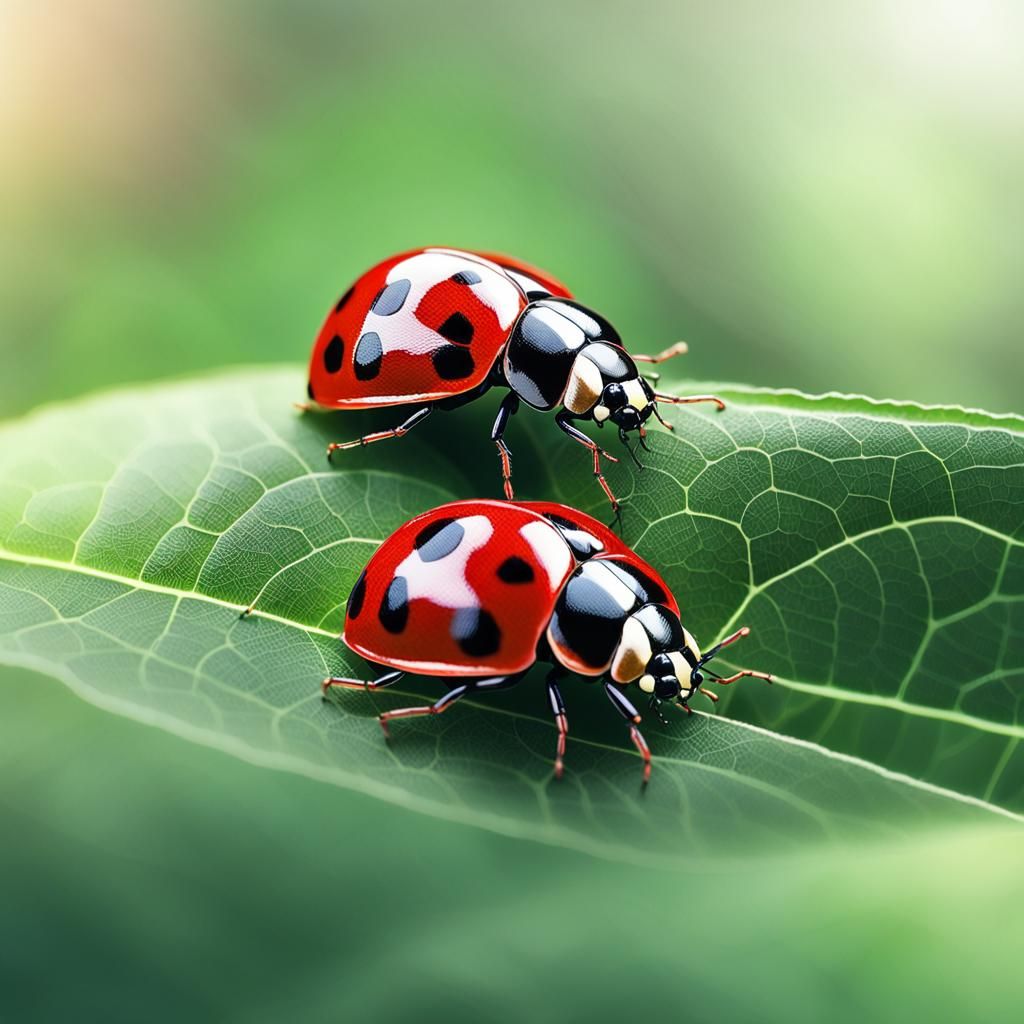 Delicate Ladybugs on a Leaf in Hyper-Realistic Digital Art