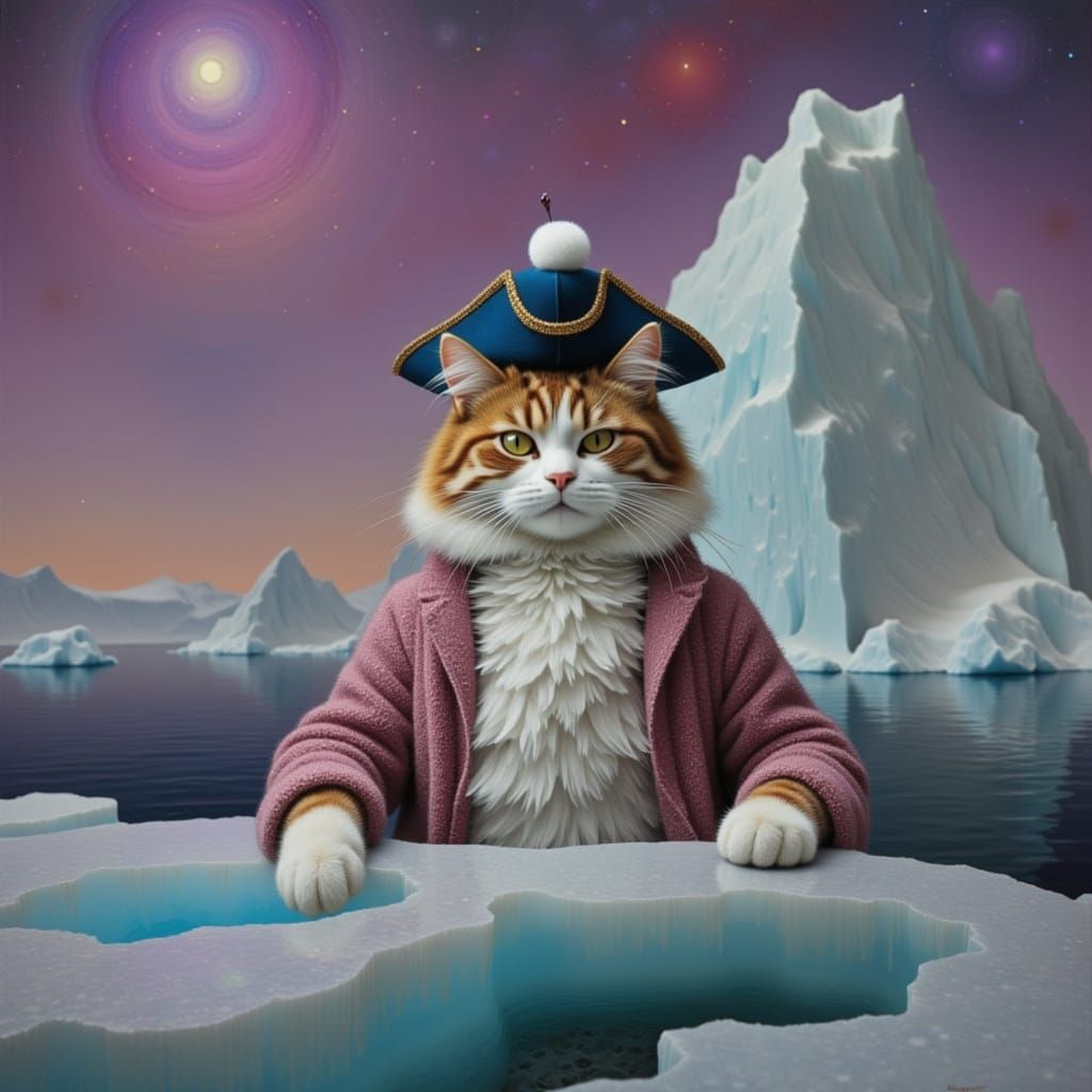 <lora:Surreal Shine:1.0> A woolie pirate cat looking at a Very surreal icecream cone iceberg in the northern Polar Sea