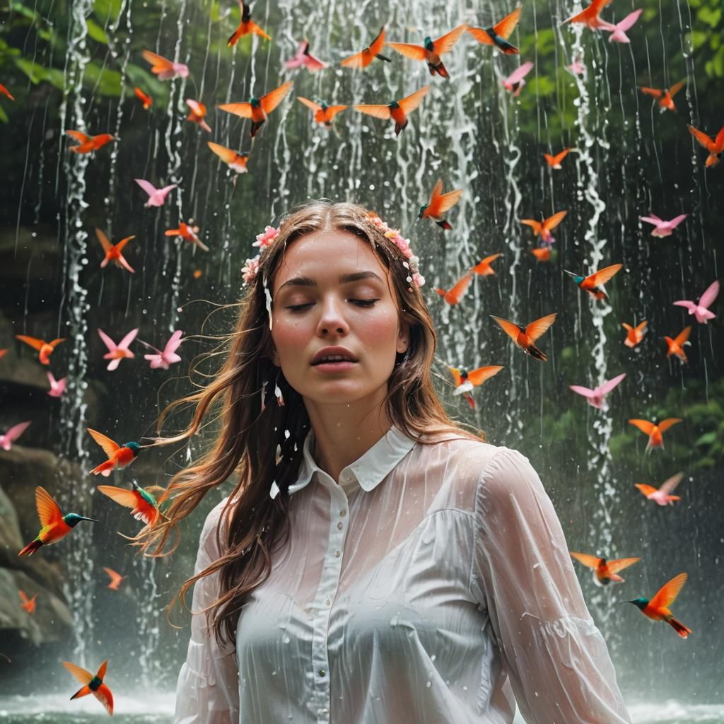 Girl Under Waterfall with Hummingbirds