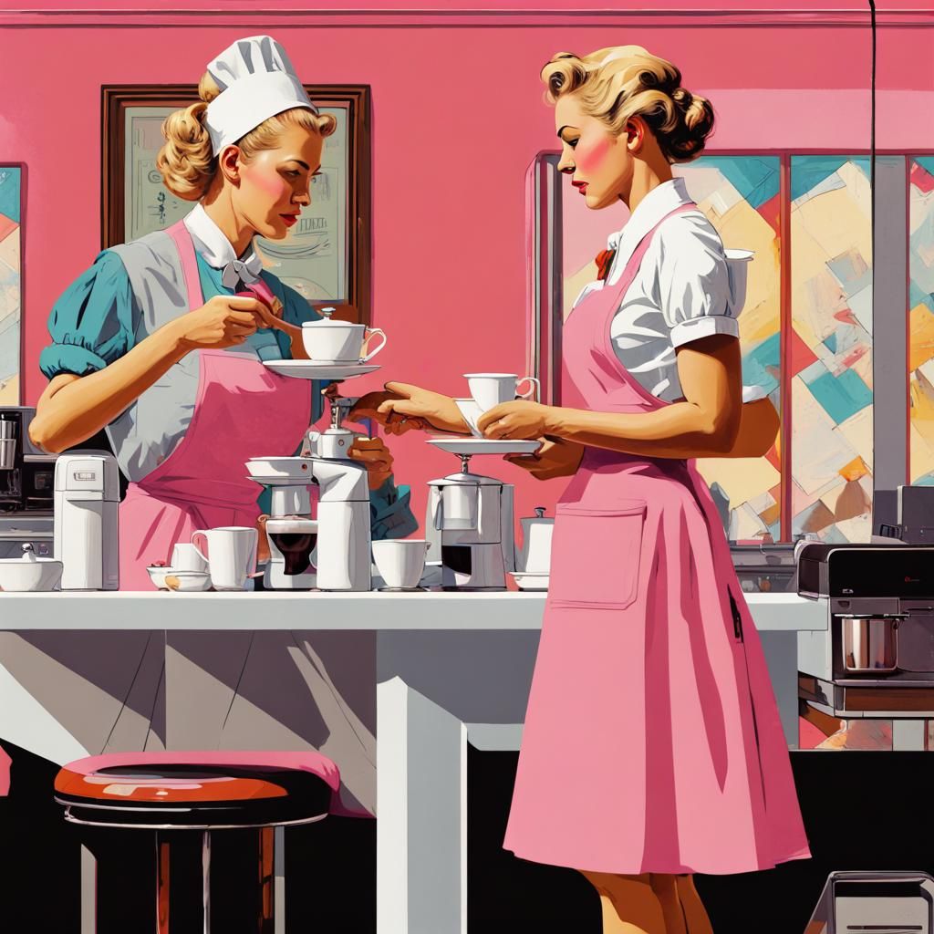 Waitress Pouring Coffee in Norman Rockwell Style