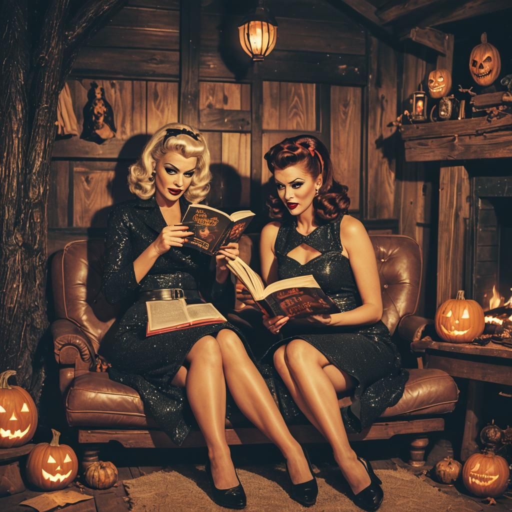 Vintage Halloween Pin-Up Girls in Spooky Cabin