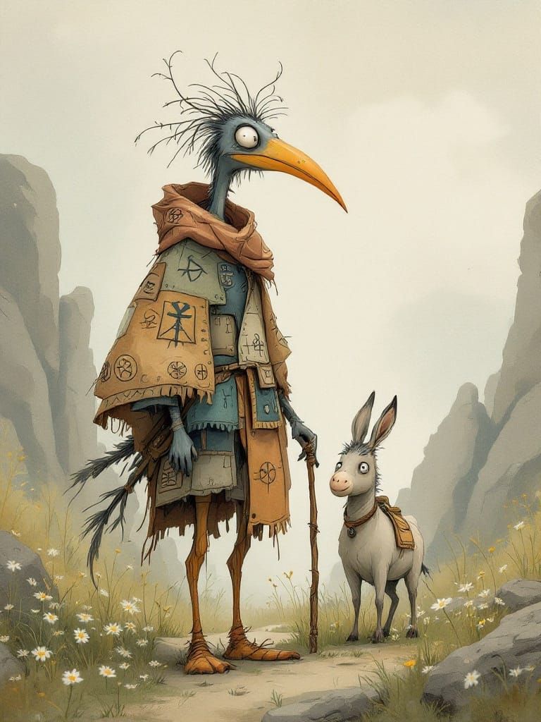 Whimsical Wanderer in Sunlit Meadow