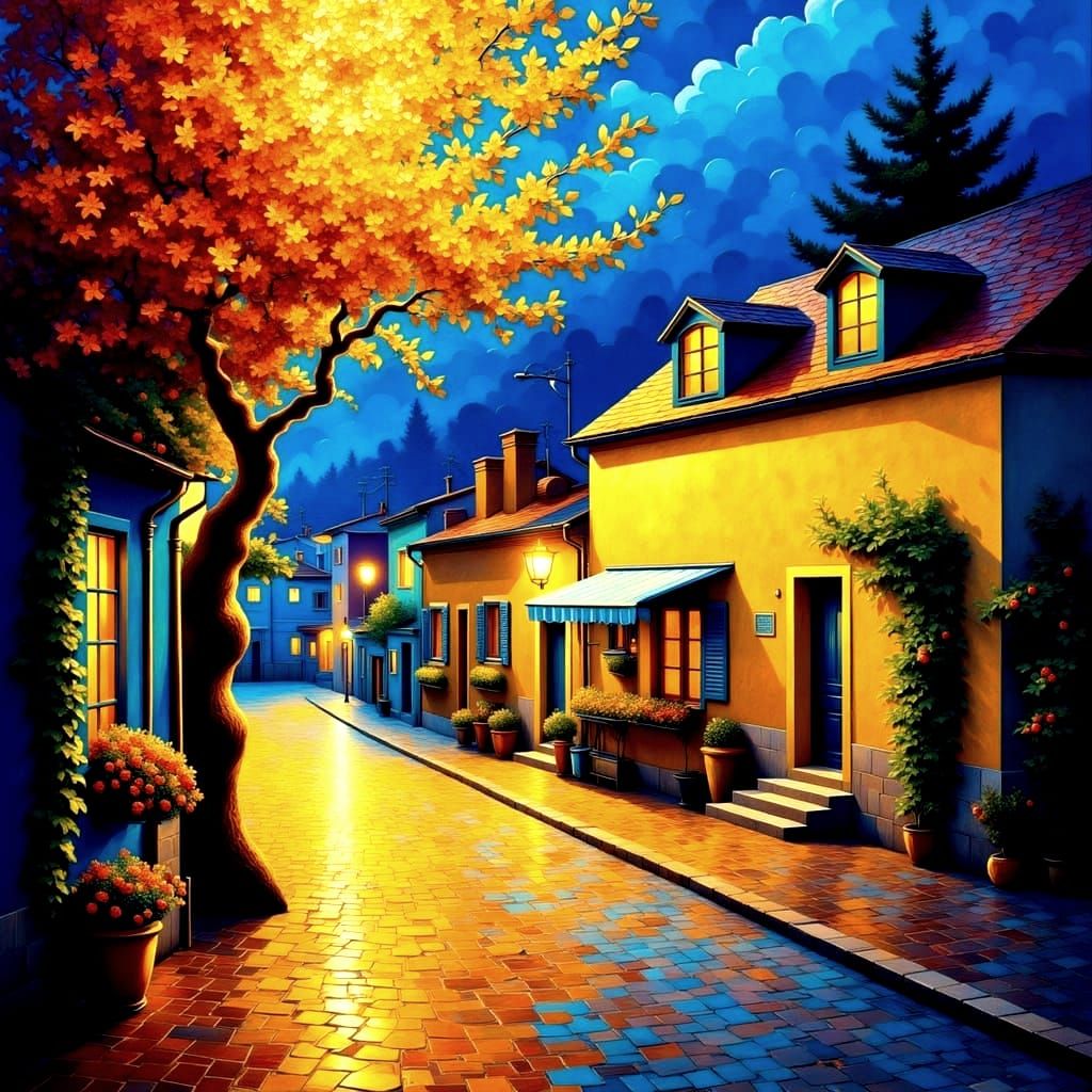 Vibrant Night Village Scene in Impasto Oil Painting Style