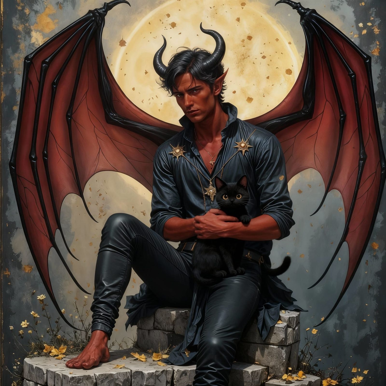 Beautiful Male Tiefling with Fallen Angel Wings