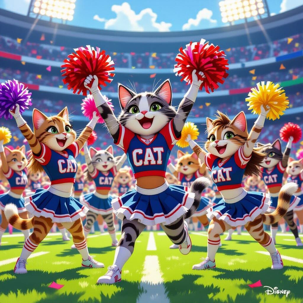 Anthropomorphic Cats as Cheerleaders at Football Game