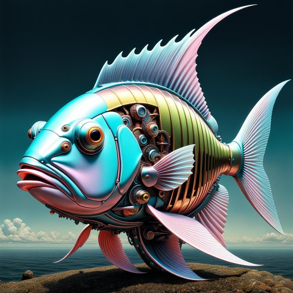 Mechanical Fish-Headed Man in Hyper-Realistic Style