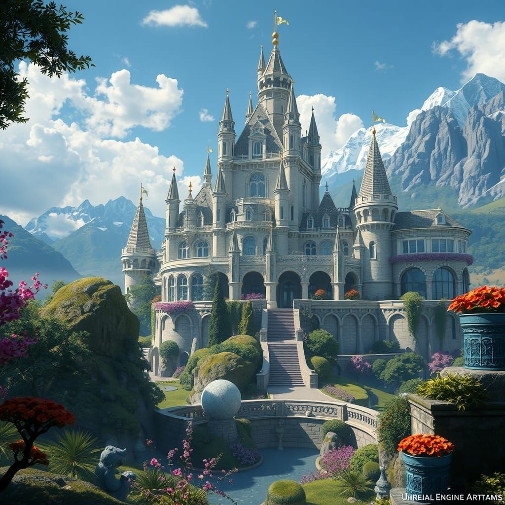 Majestic Castle in Fantasy Garden: Digital Concept Art