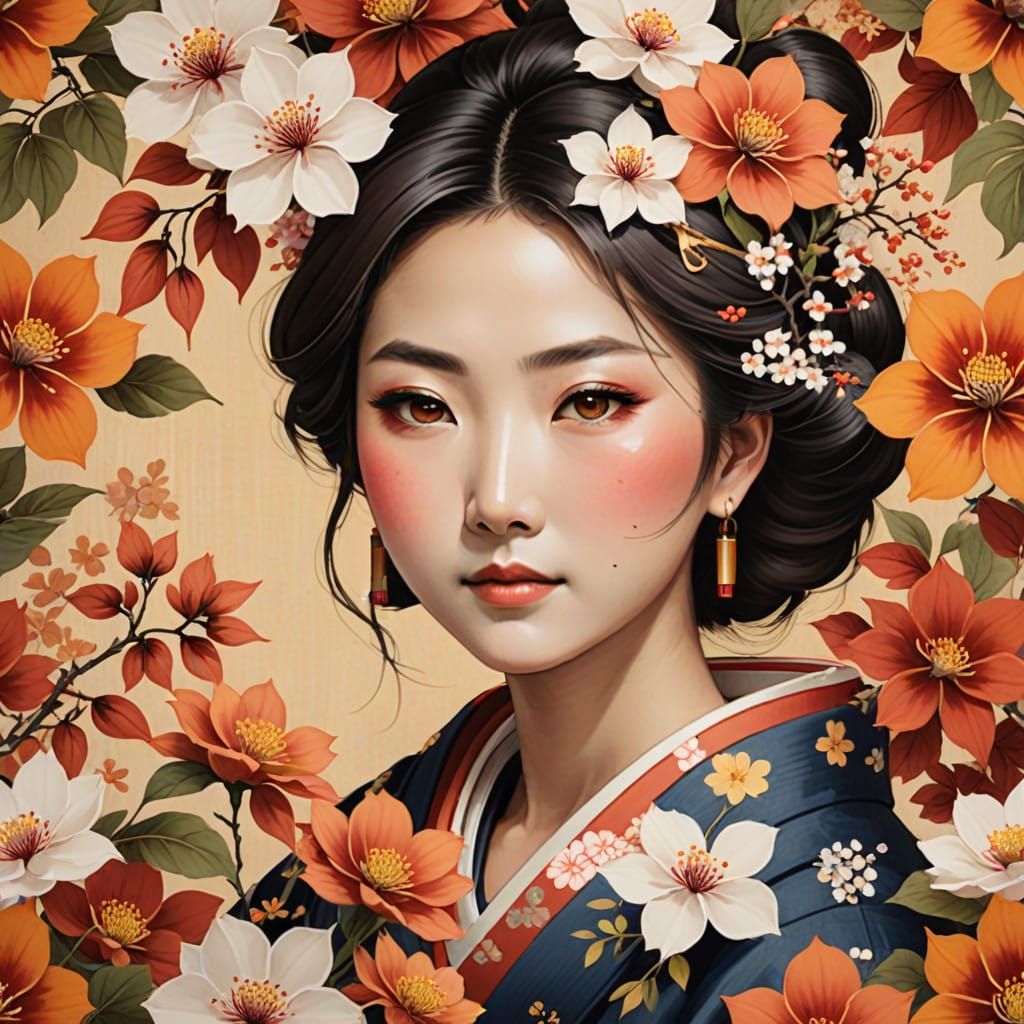 Warm Japanese Floral Portrait in Traditional Style