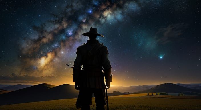 Farmer Gazing at Cosmic Sky in Golden Hour