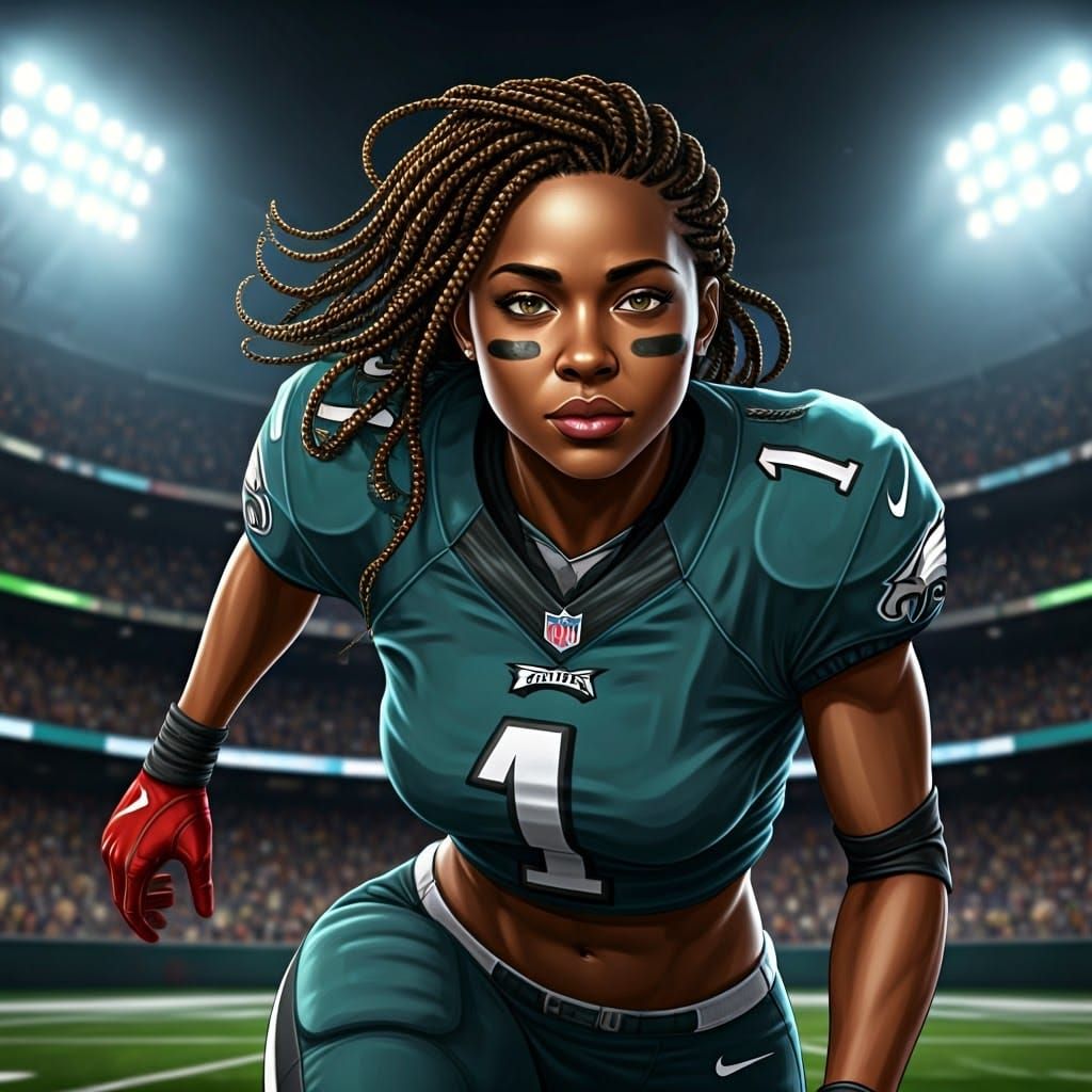 Dynamic Black Female NFL Player in Philadelphia Eagles Unifo...