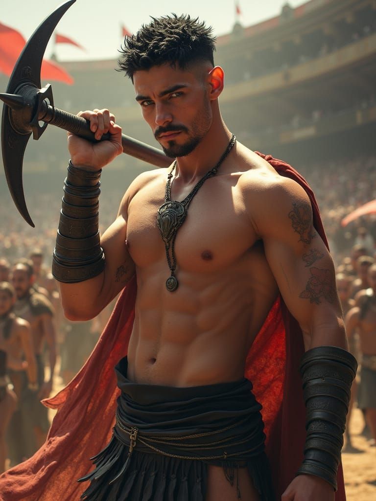 Elf Gladiator Warrior in Vibrant Arena, Photorealistic