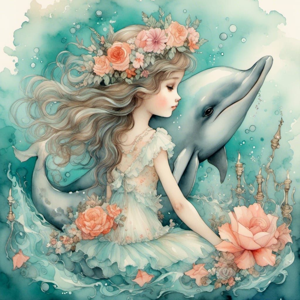 Cute Dolphin and Mermaid in Victorian Watercolor Style