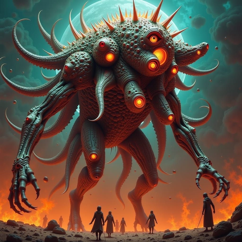 Eight-Headed Humanoid Conjuring Energy on Alien Planet