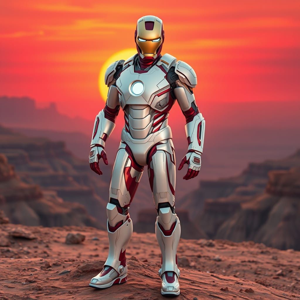 Iron Man in White Latex Suit on Martian Sunset