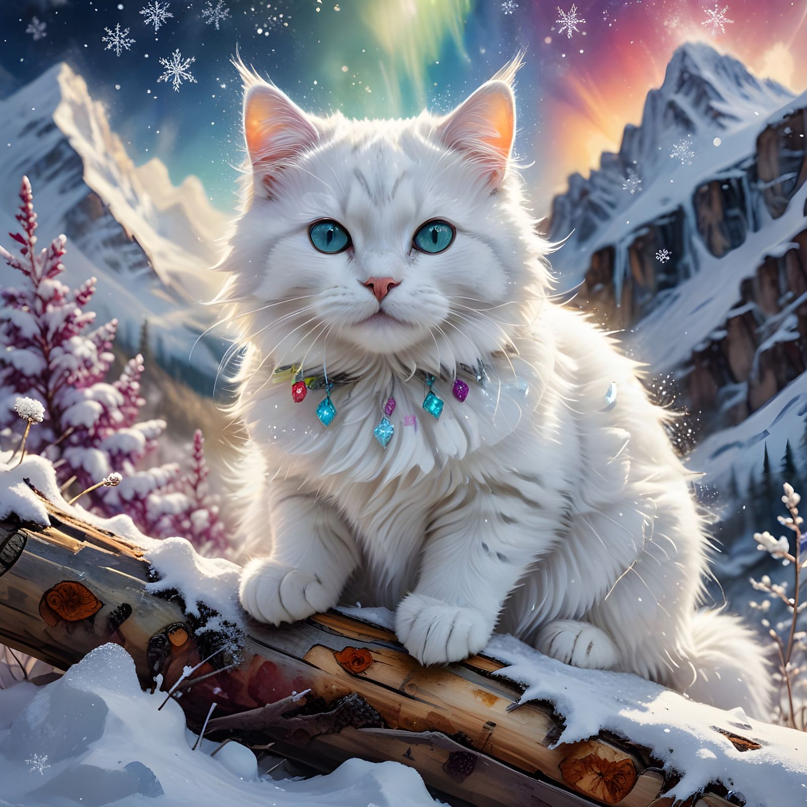 Happy Cat in Snowy Mountain Valley Illustration
