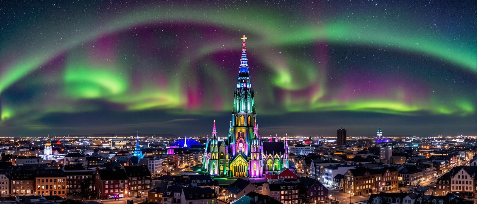 Surreal Aurora Metropolis Unfolds Under Celestial Northern L...