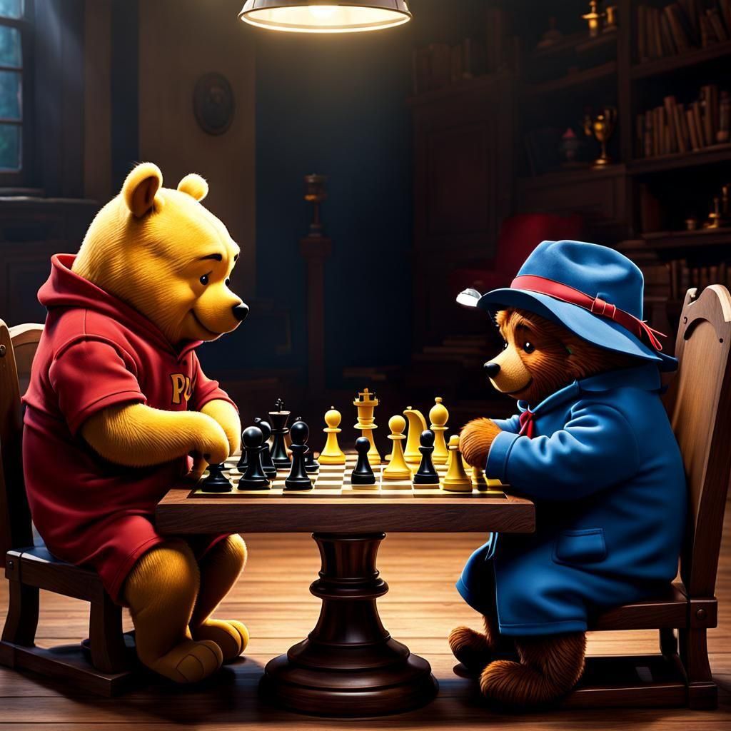 Winnie The Pooh and Paddington Bear playing chess.