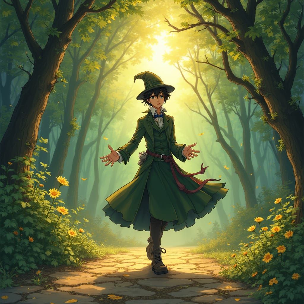 Elegant Young Mage Surrounded by Radiant Crossroads