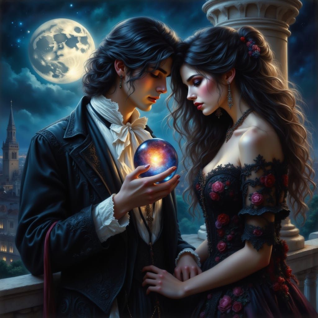 Vampire Offers Galaxy Orb on Moonlit Balcony