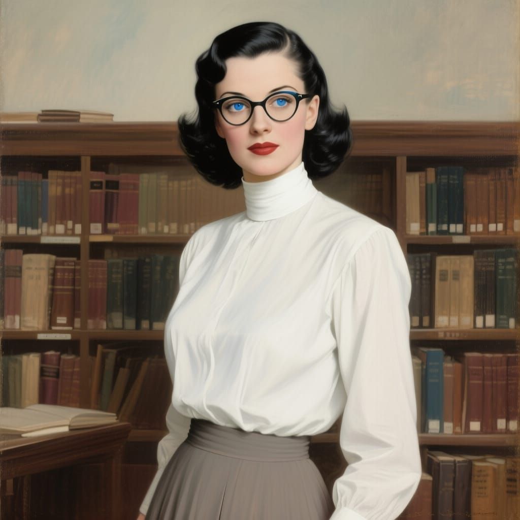 1940s Woman in Library Oil Portrait