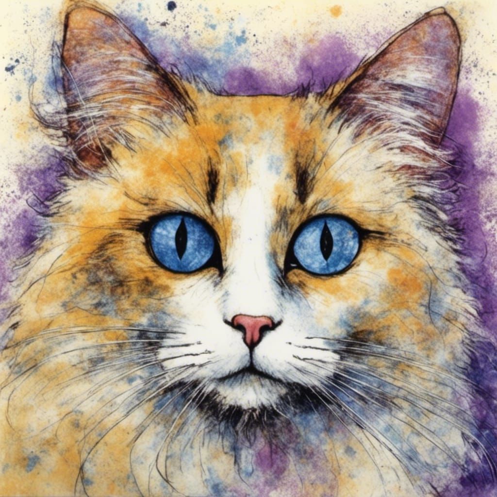 Ragdoll Cat Portrait in Colorful Ink Drawing Style