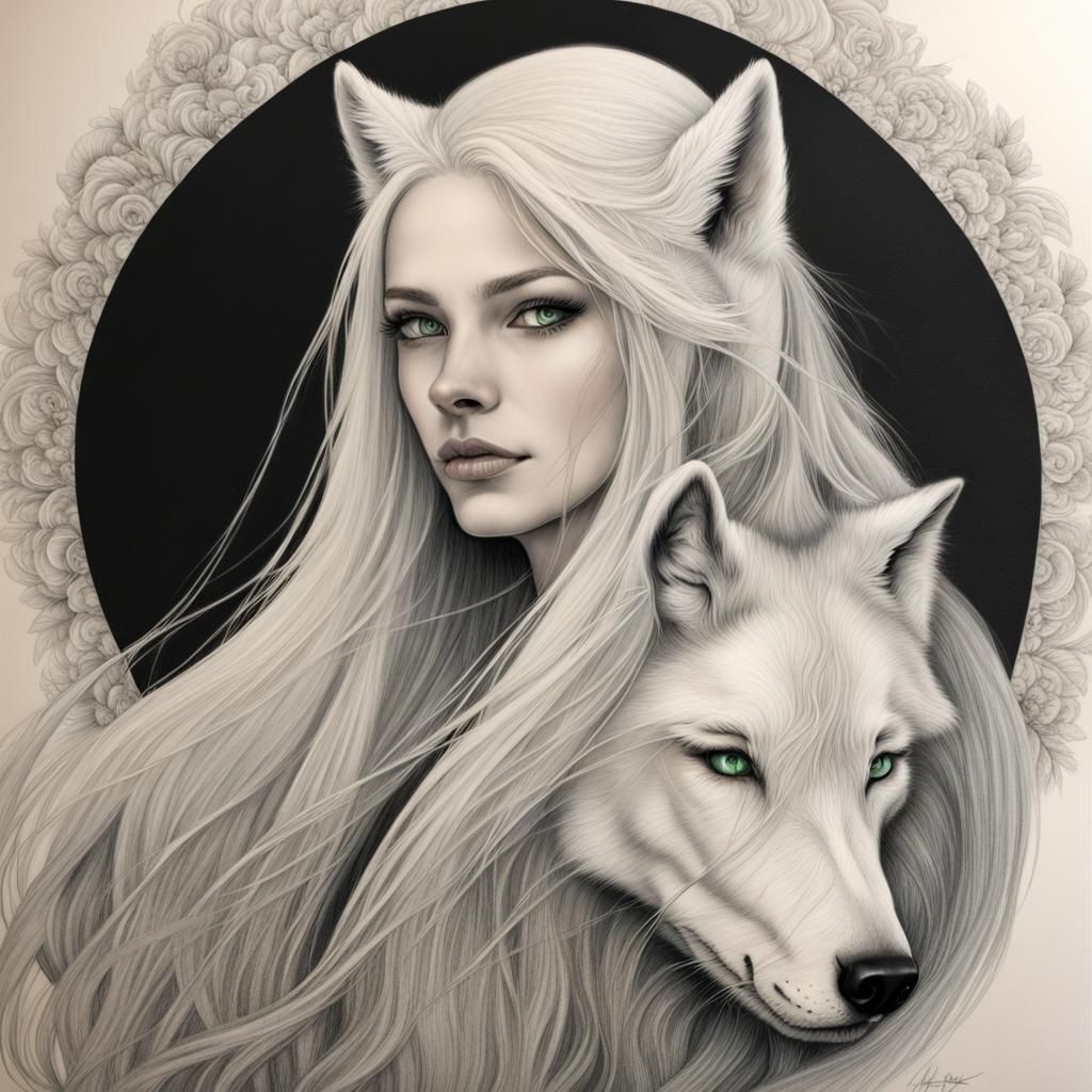 Woman with White Wolf: Detailed Charcoal Drawing
