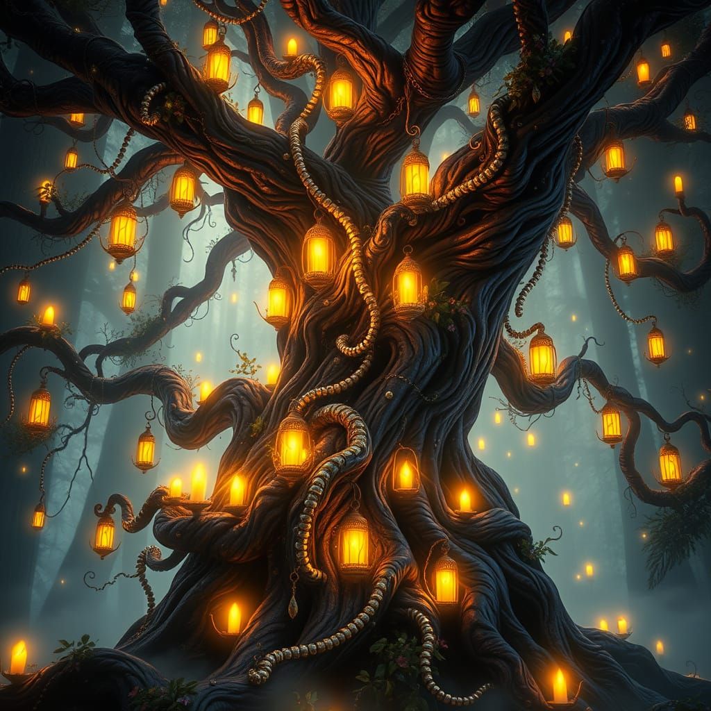 Mystical Lantern Tree in Ancient Forest