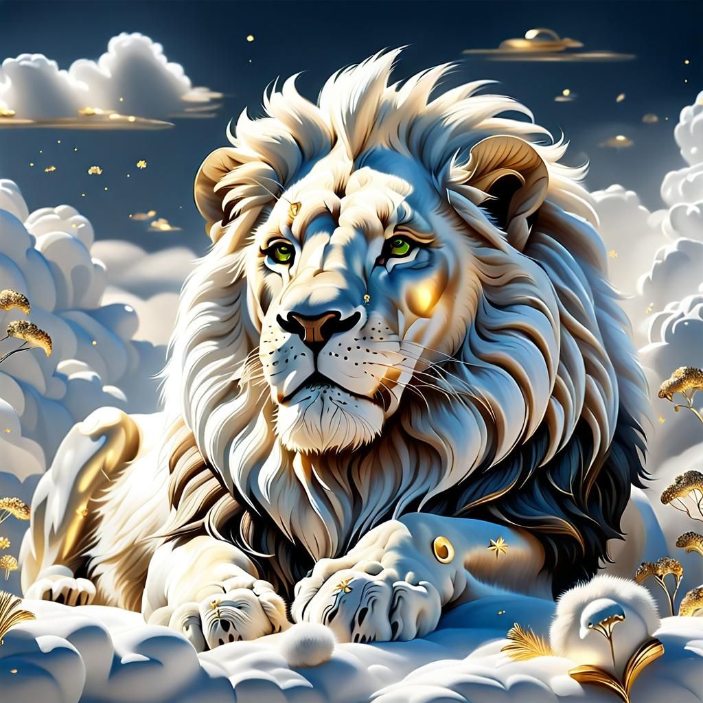 Fluffy White Lion on a Cloud with Gold Flakes