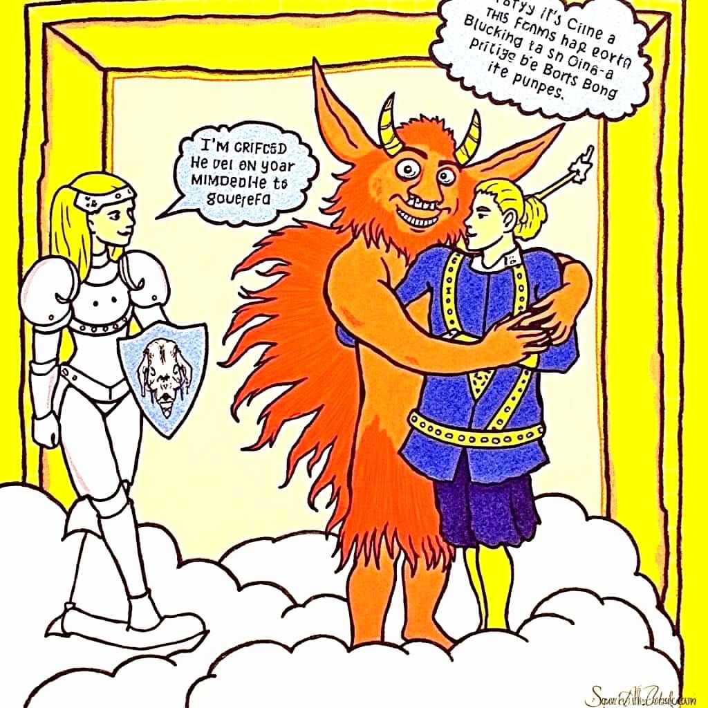 Female Knight Approaches Krampus and Prince in Golden Frame