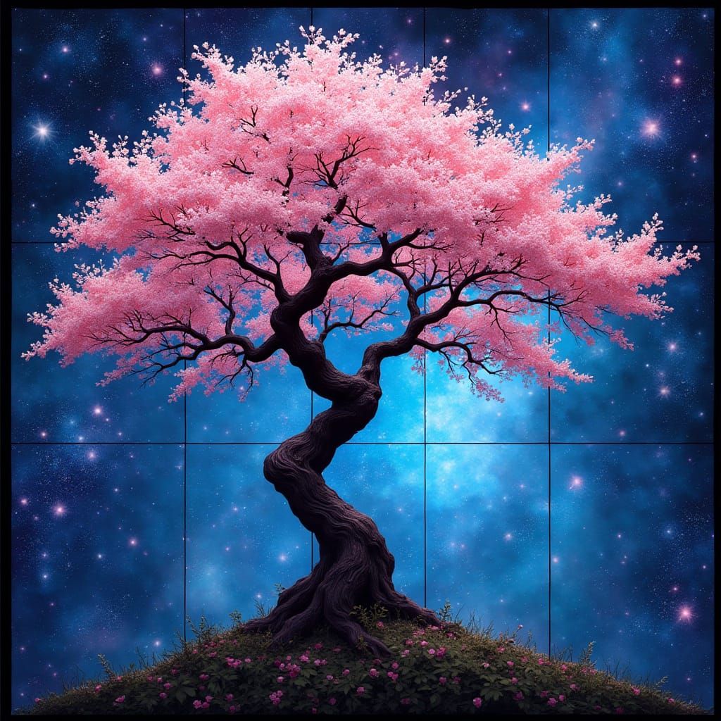 Sakura Tree in Cosmic Stained Glass Style